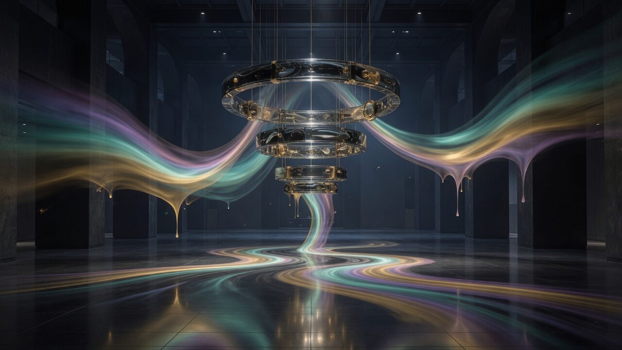 Concentric glass rings hanging in a dark gallery, pouring aurora light across a black stone floor.